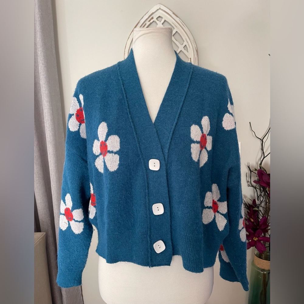 Dreams Of Daisies Oversized Cropped Teal Blue Cardigan Size M